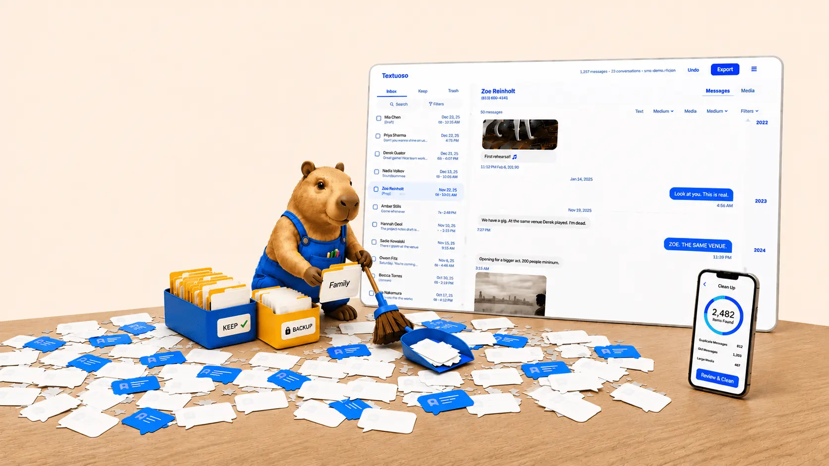 Textuoso — the capybara mascot tidying message bubbles next to the app interface